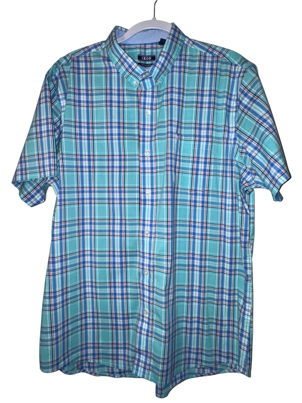 Izod Men's Short Sleeve Plaid Button-Down Shirt - Aqua, Blue